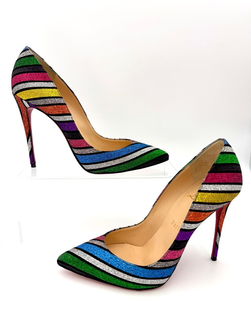 Christian Louboutin So Kate 120 Pumps Rainbow Glitter Stripes Size 37.5 / 7.5
